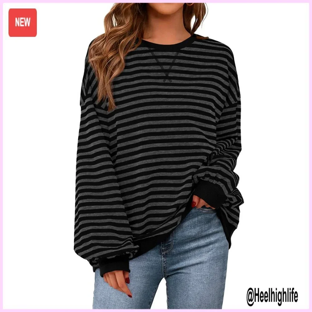 Oversized Striped Sweatshirt Crew Neck Long Sleeve Loose Fit Pullover Top
